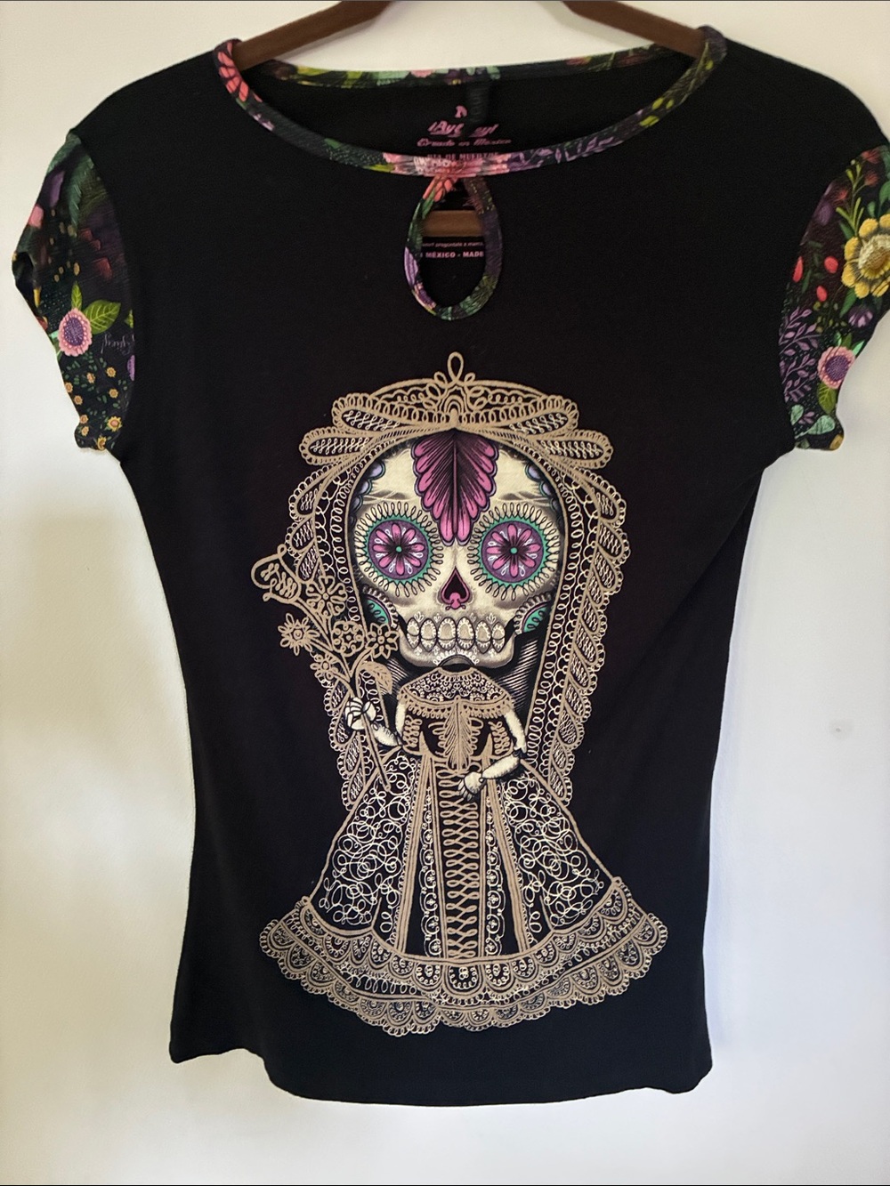Black Floral Sleeve Sugar Skull Graphic Tee